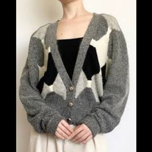 Nell Flowers m silk blend argyle fuzzy cardigan